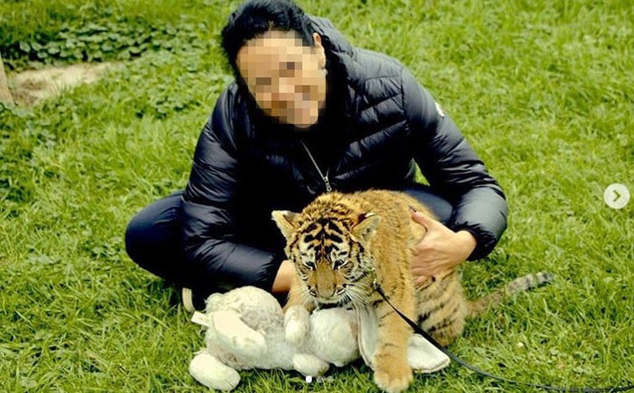 Social media post of a tourist posing with a tiger cub at Jungle Cat World, Canada.