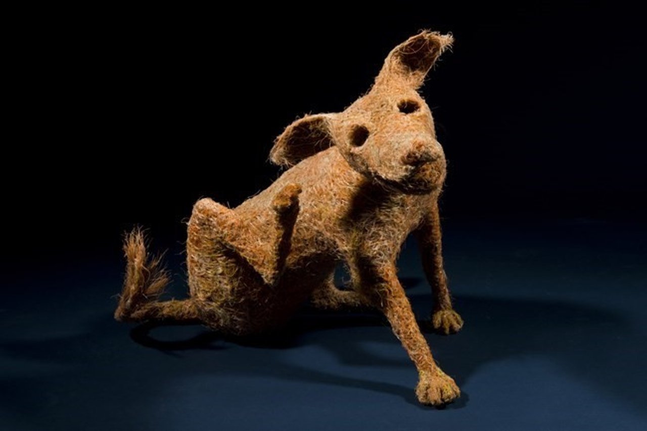 Dog sculpture made from fishing gear