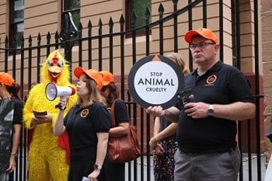 Staff at a layer hens protest, Sydney, Australia