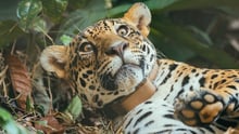 Xamã the jaguar wakes up after having a radio collar placed around his neck to prepare for his release to the wild.